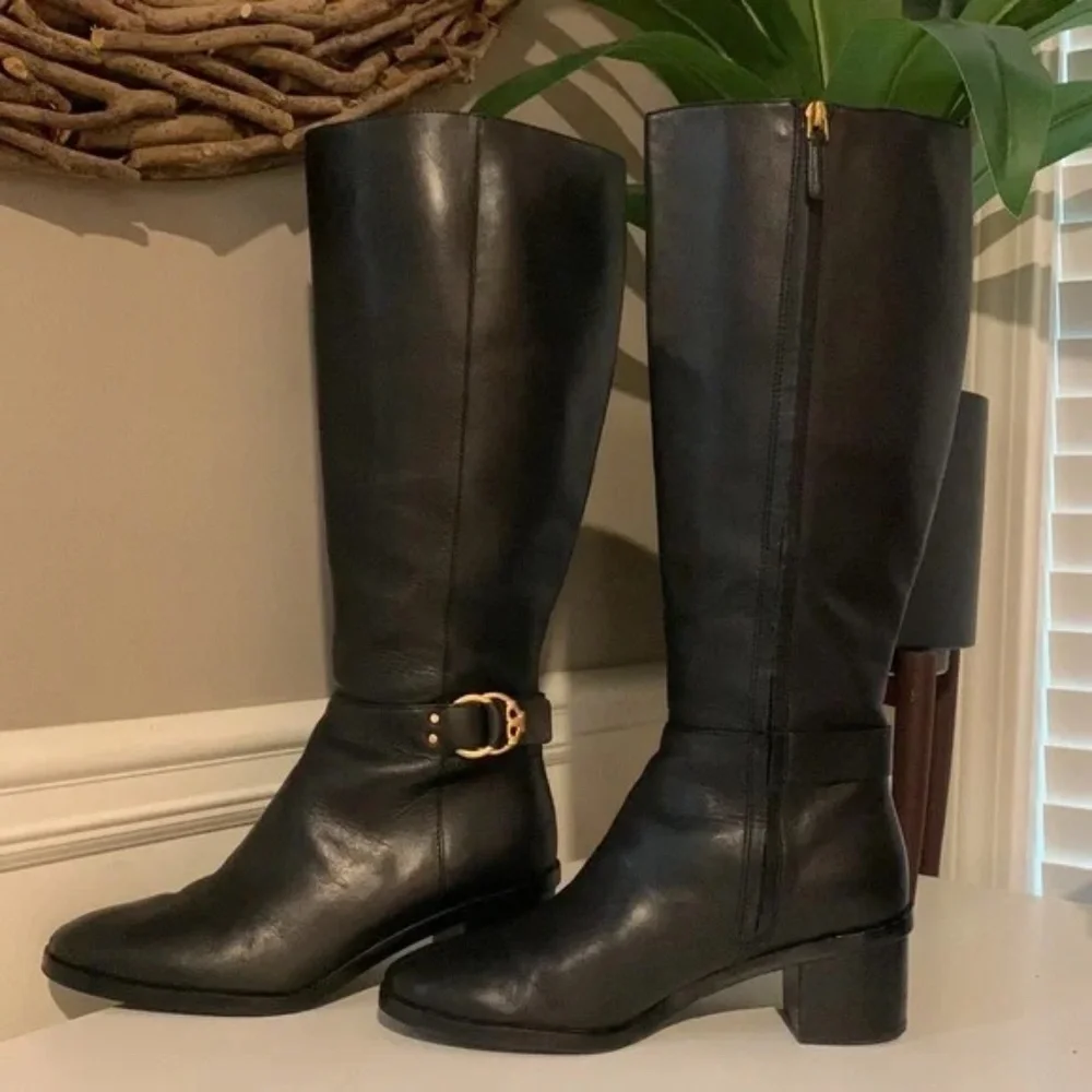 Tory Burch Black Calf Leather Riding Boots